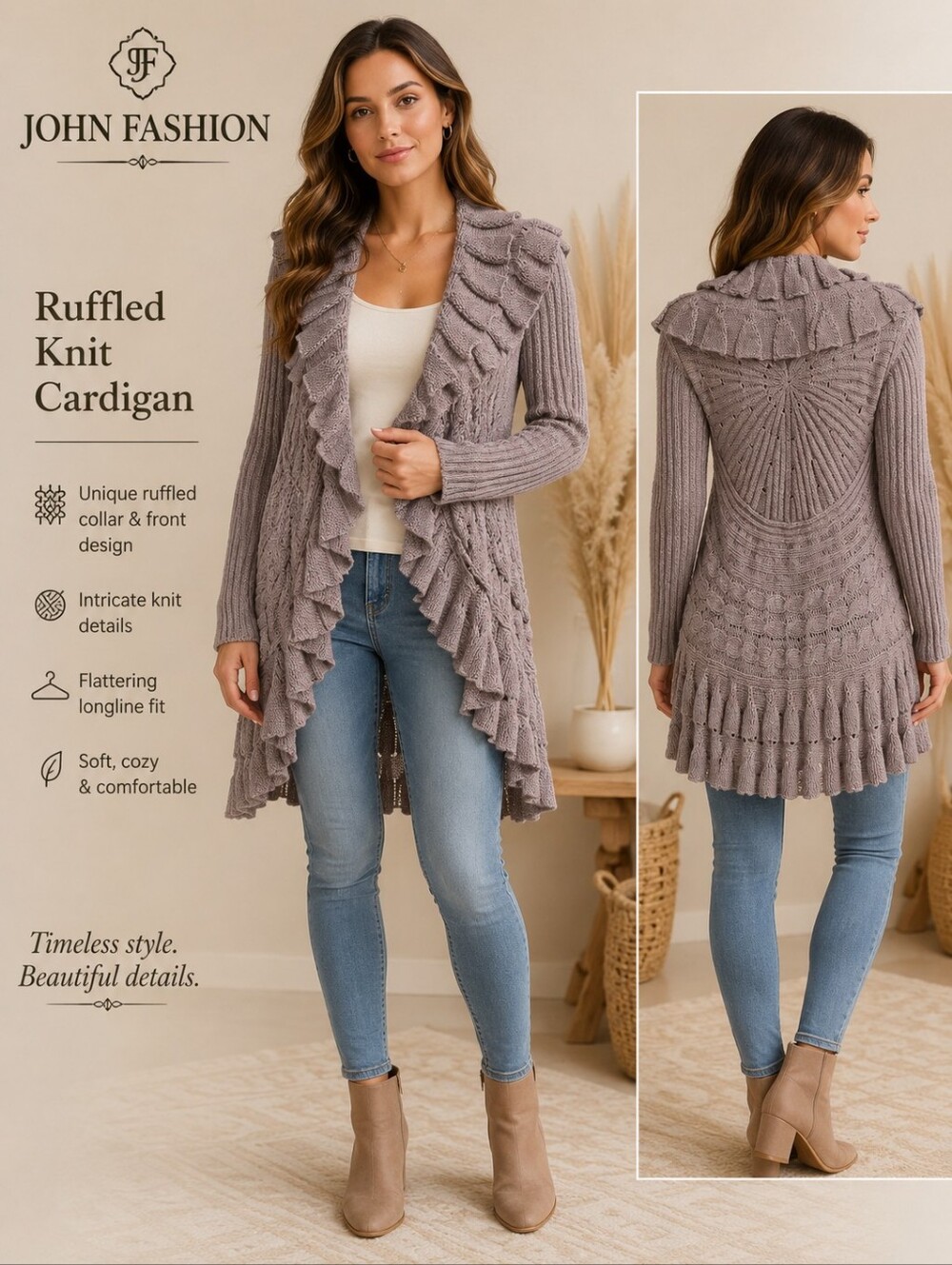 John Fashion Ruffled Knit Cardigan Boho Fairy Whimsigoth Wool Taupe Size L